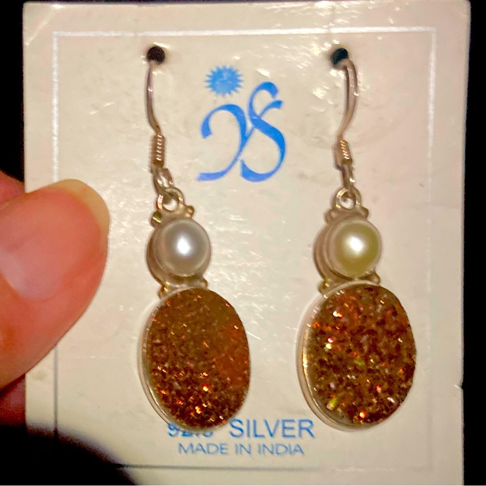 Sterling Silver Pearl Druzy Agate Earrings